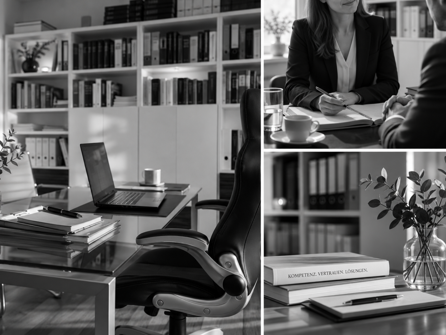 Geschäftliche Beratung und Besprechung in einem modernen Büro mit Regalen voller Bücher.