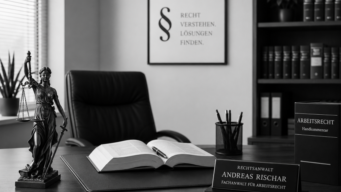 Eine schwarze Skulptur der Justitia steht neben einem Tisch mit offenen Büchern und einem Schild, das einen Anwalt bewirbt.