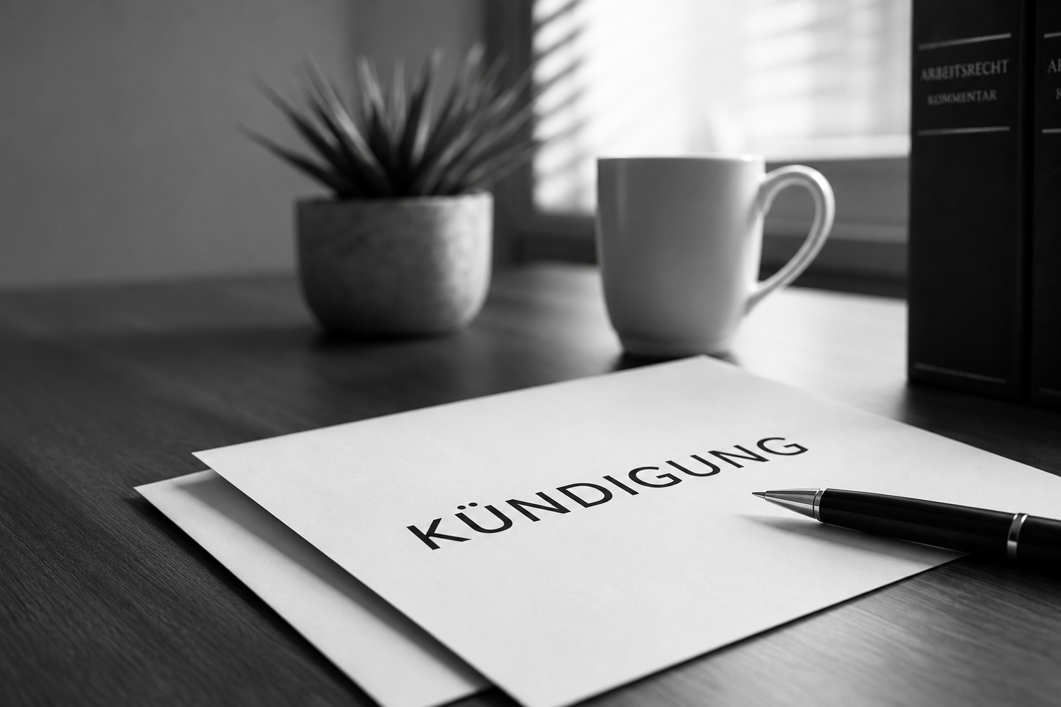 Ein monochromes Foto von einem Kündigungsdokument, das auf einem Schreibtisch vor einem Krug und Büchern liegt.