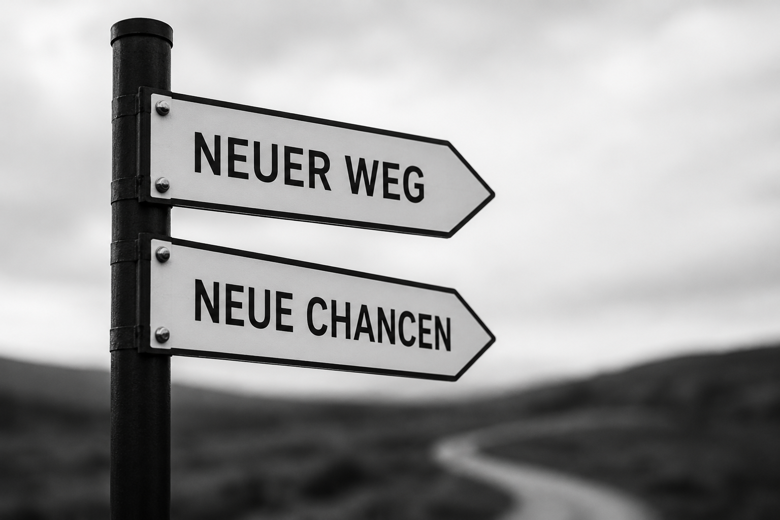 Ein Wegweiser zeigt die Beschriftungen Neuer Weg und Neue Chancen vor einer geschwungenen Straße.