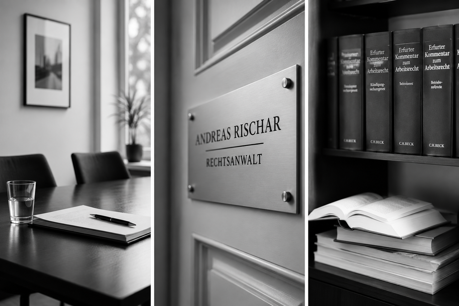 Montage aus drei Bildern: Ein Büro mit einem Schreibtisch, ein Türschild mit Name und Berufsbezeichnung und ein Bücherregal mit Rechtskommentaren.