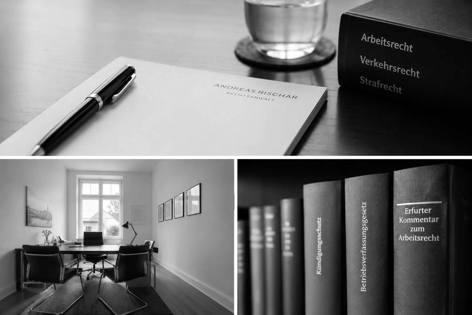 Montage, die die Materie des Rechts und einer modernen Kanzlei darstellt, mit Gesetzestexten und Büroszenen.