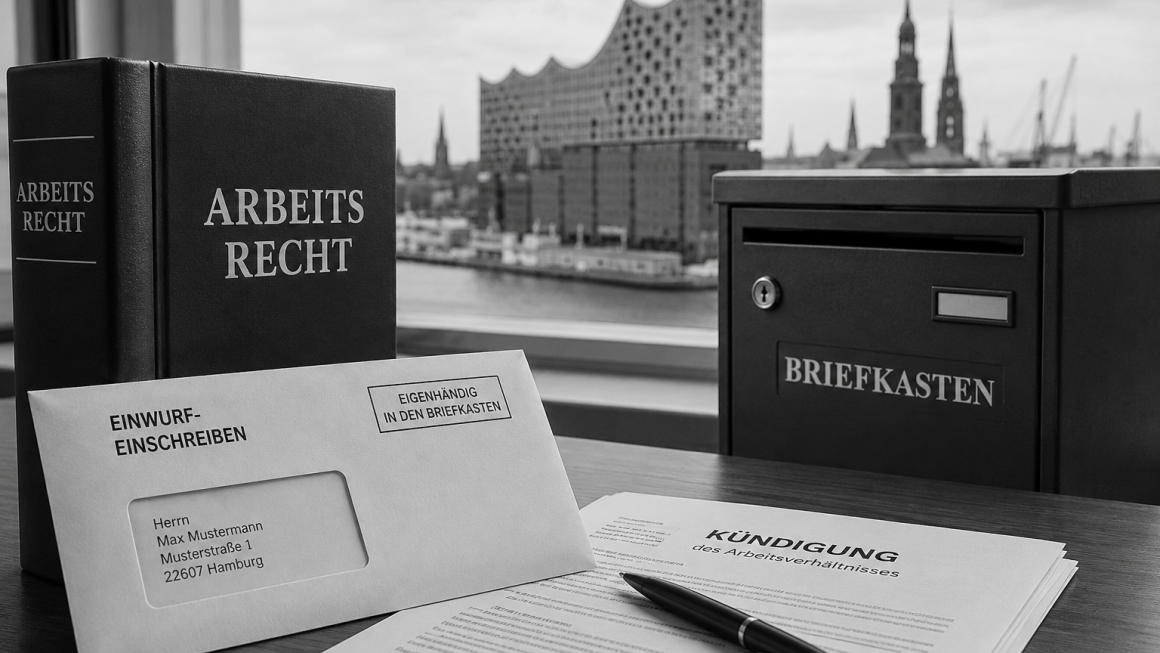 Auf einem Schreibtisch liegen juristische Dokumente und ein schwarzer Briefkasten vor einem Hintergrund mit einem modernen Gebäude und einer Skyline