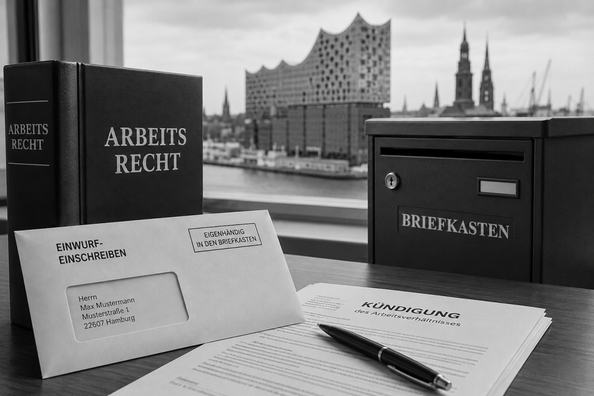 Auf einem Schreibtisch liegen juristische Dokumente und ein schwarzer Briefkasten vor einem Hintergrund mit einem modernen Gebäude und einer Skyline