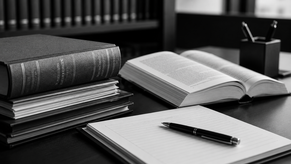 Schwarz-weißes Stillleben mit Büchern, Notizmaterialien und einem Stift auf einem Schreibtisch.