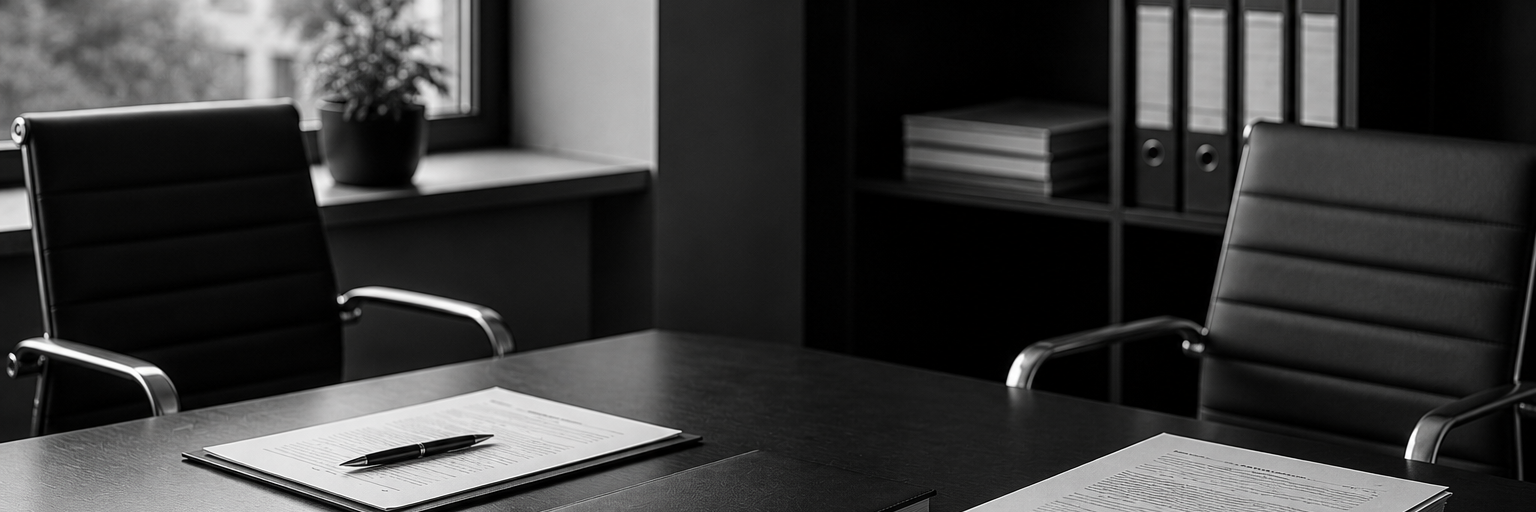 Ein schwarzer Schreibtisch mit Notizmaterial, einem Buch und einem Stapel Dokumente in einem professionellen Büro, dessen Hintergrund von einem Bücher