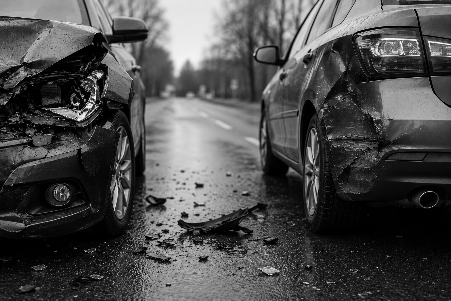Zwei stark beschädigte Autos stehen auf einer nassen, unübersichtlichen Straße.