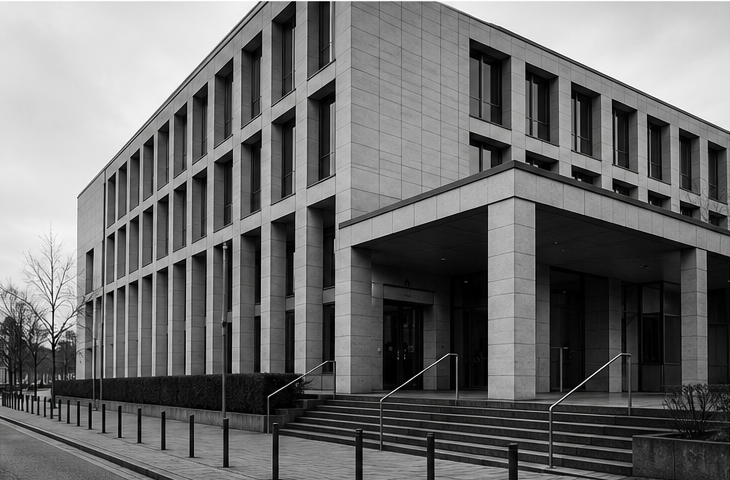 Die Fassade eines modernen, rechteckigen Gebäudes mit einem Fensterraster und einem überdachten Eingangsbereich.