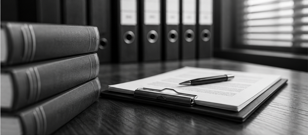 Ein Stapel Bücher, ein offenes Dokument mit Stift und eine Reihe von Aktenschränken in einem Büro.