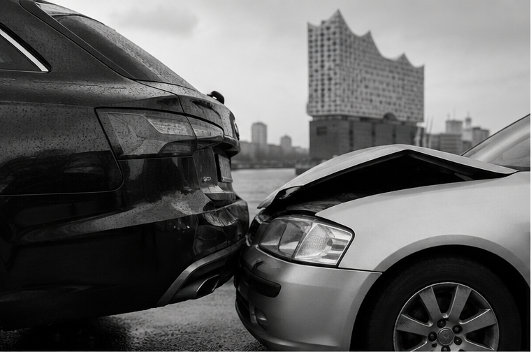Schwarz-weißes Bild, das zwei Autos in Nahaufnahme zeigt. Das Heck des linken Autos und die Motorhaube des rechten Autos sind zu sehen, mit einem arch