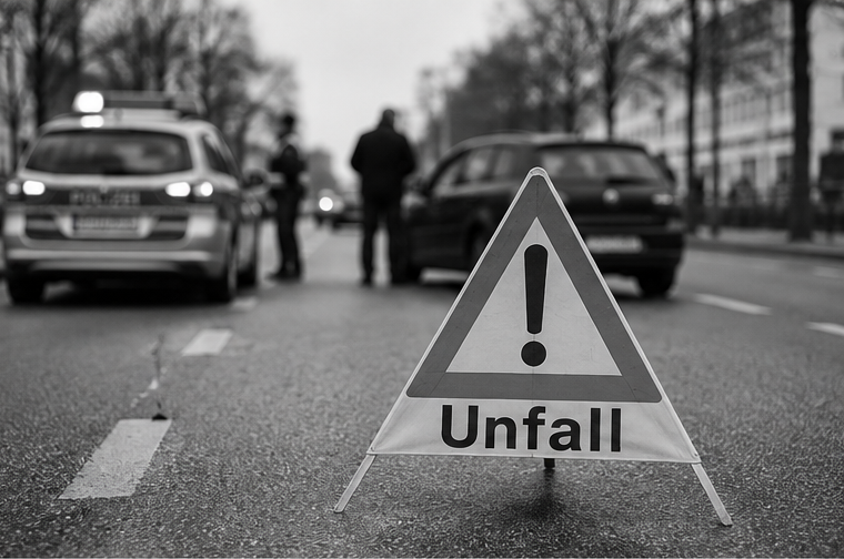 Ein dreieckiges Verkehrswarnschild mit der Aufschrift Unfall steht auf einer Straße, hinter dem Schild sind mehrere Fahrzeuge zu sehen.