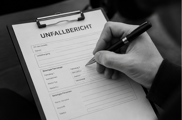 Nahaufnahme einer Hand, die einen Unfallbericht auf einem Formular ausfüllt.