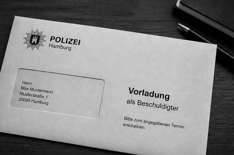 Eine polizeiliche Vorladung in Hamburg, die auf einem dunklen Holztisch liegt.