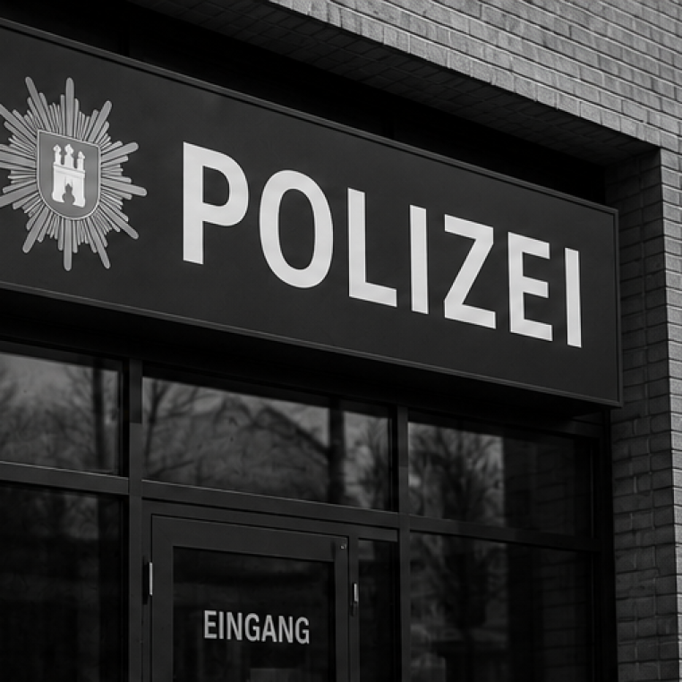 Großes Schild mit der Aufschrift POLIZEI und Eingangsbereich einer Polizeistation.