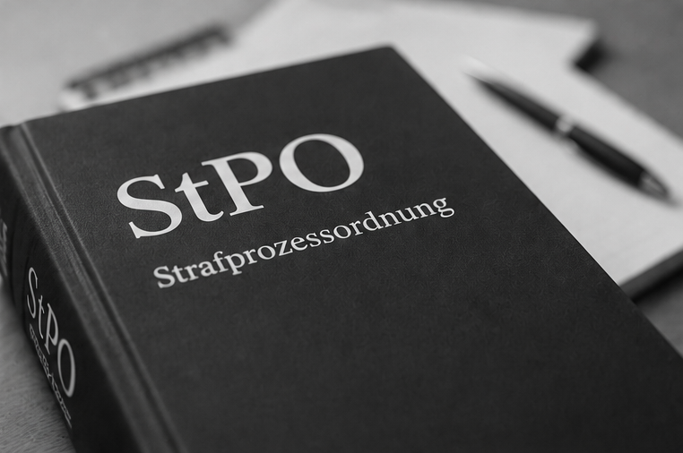Ein geschlossenes Buch mit der Aufschrift StPO Strafprozessordnung liegt auf einem Tisch.