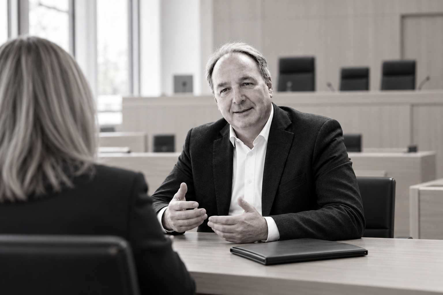 Mann und Frau in einem Konferenzraum während eines Gespräches