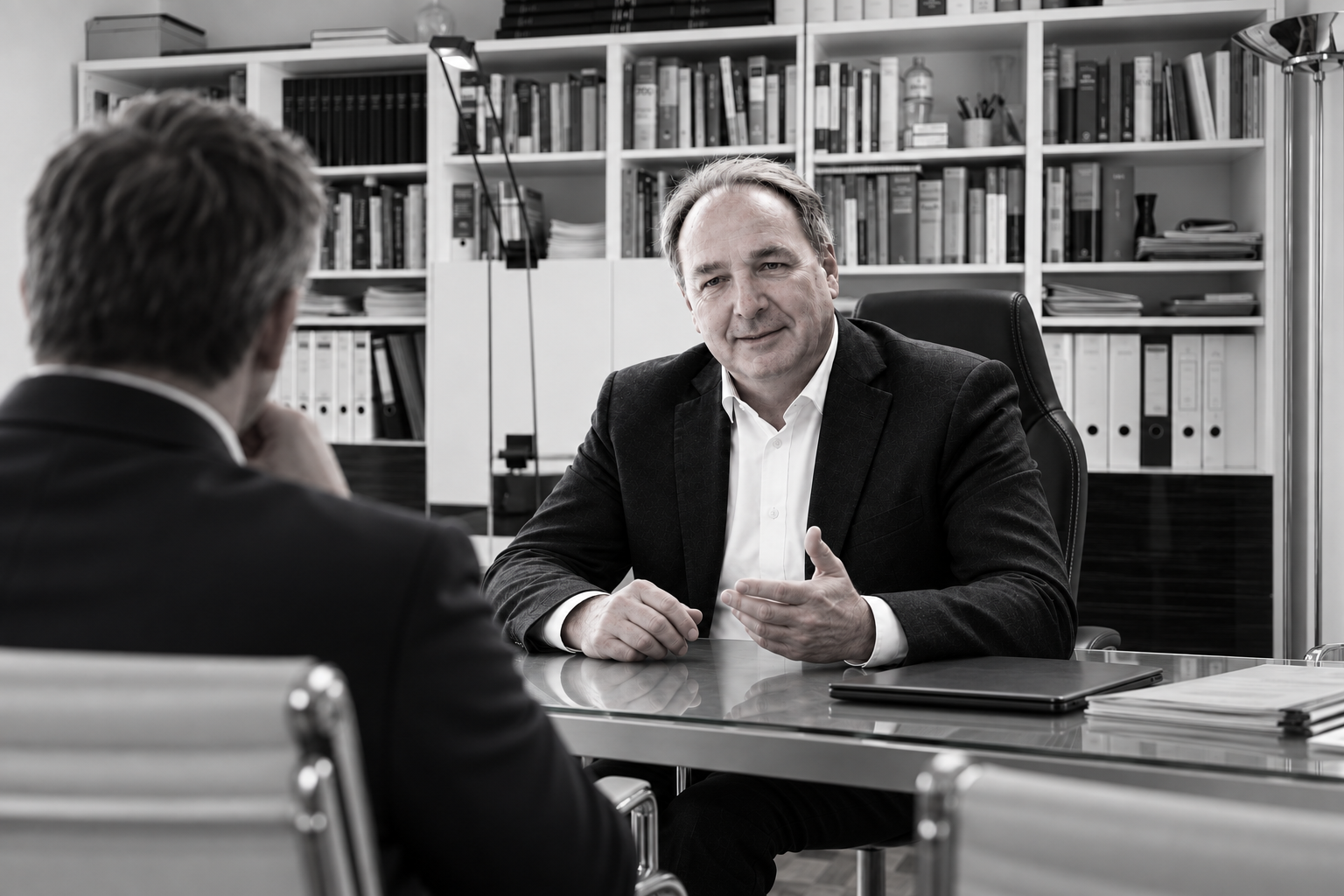 Ein Mann in Anzug sitzt an einem Tisch und führt ein Geschäftsgespräch mit einem Gesprächspartner im Vordergrund.
